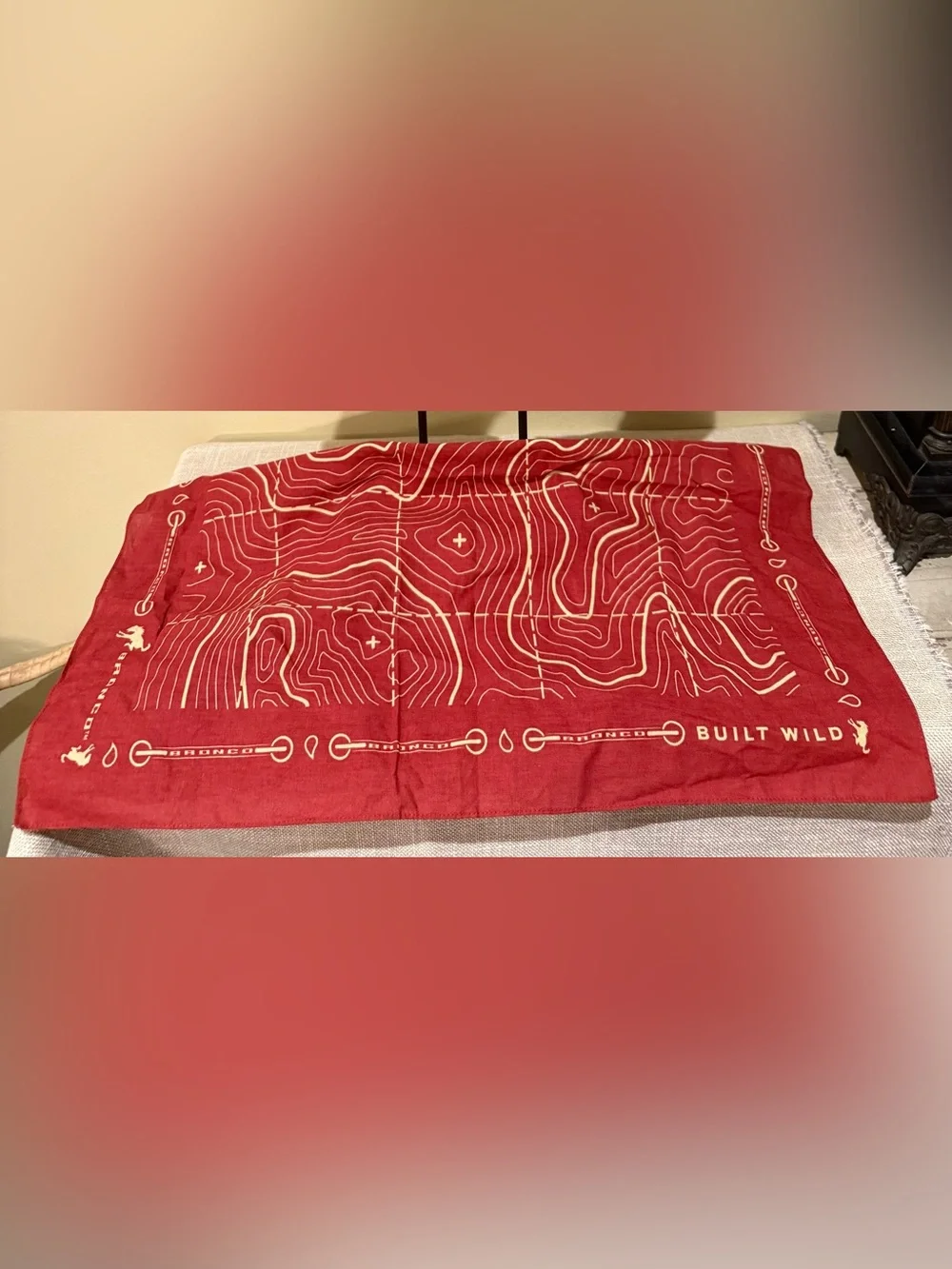 Ford Bronco Built Wild Topographic Map Bandana w/ Embroidered Patches – Rust Red